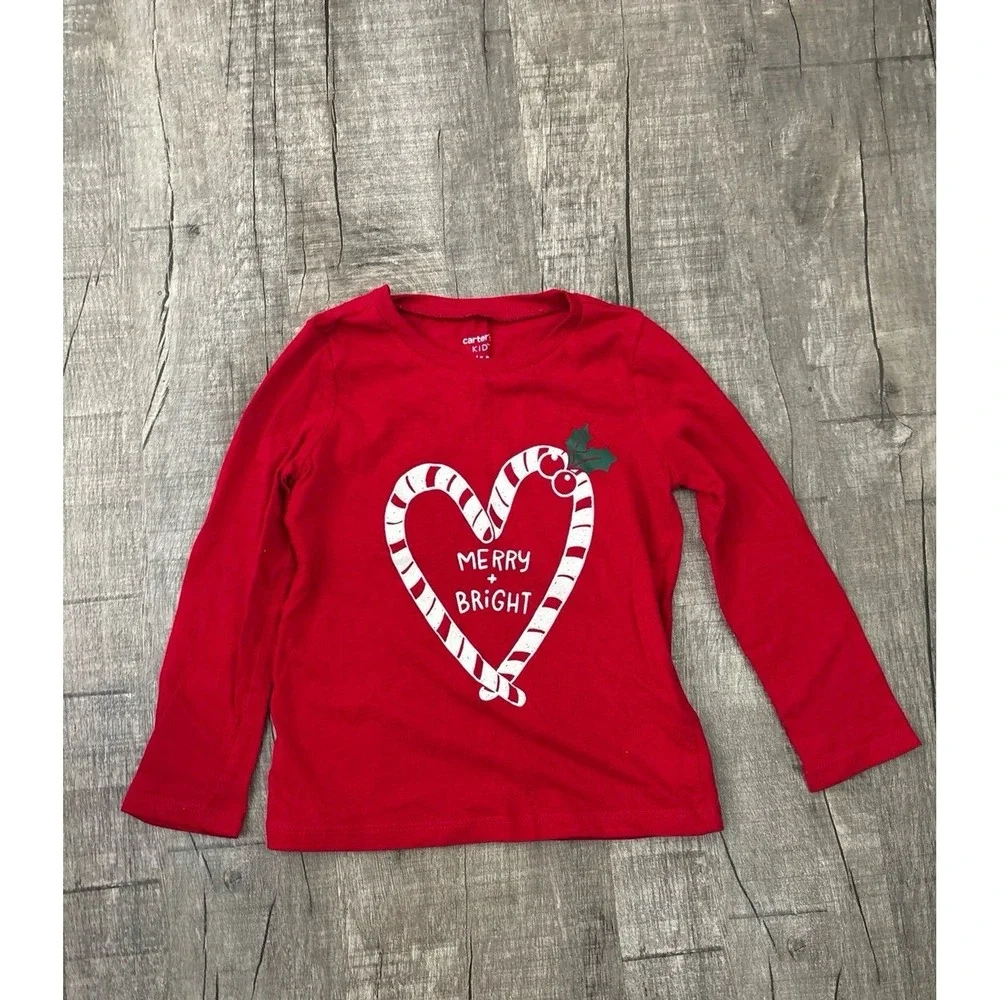 Carters Kid Girls Red Merry Bright Candy Cane Heart Christmas Shirt Size 4